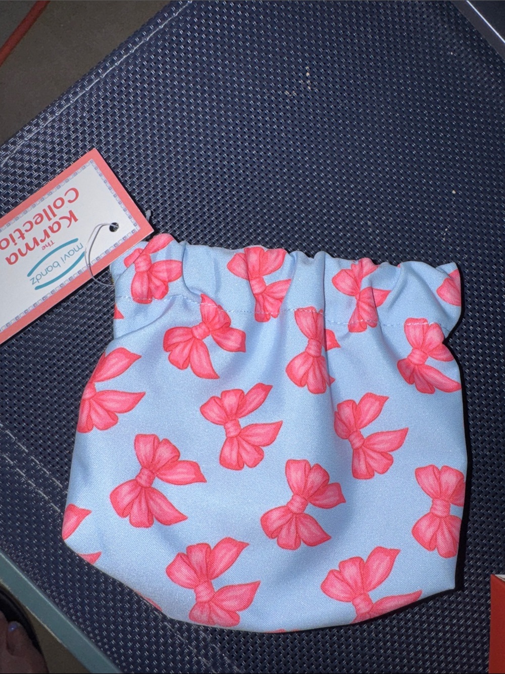 Kids Light Blue Scrunch Pouch with Pink Bow Print